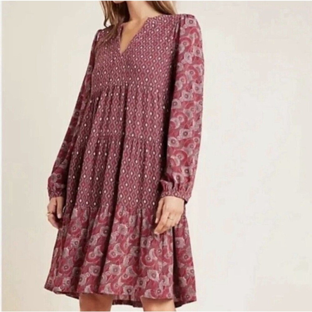 ANTHROPOLOGIE Maeve Amber Tiered Tunic Dress Burgundy Red Size Medium Boho